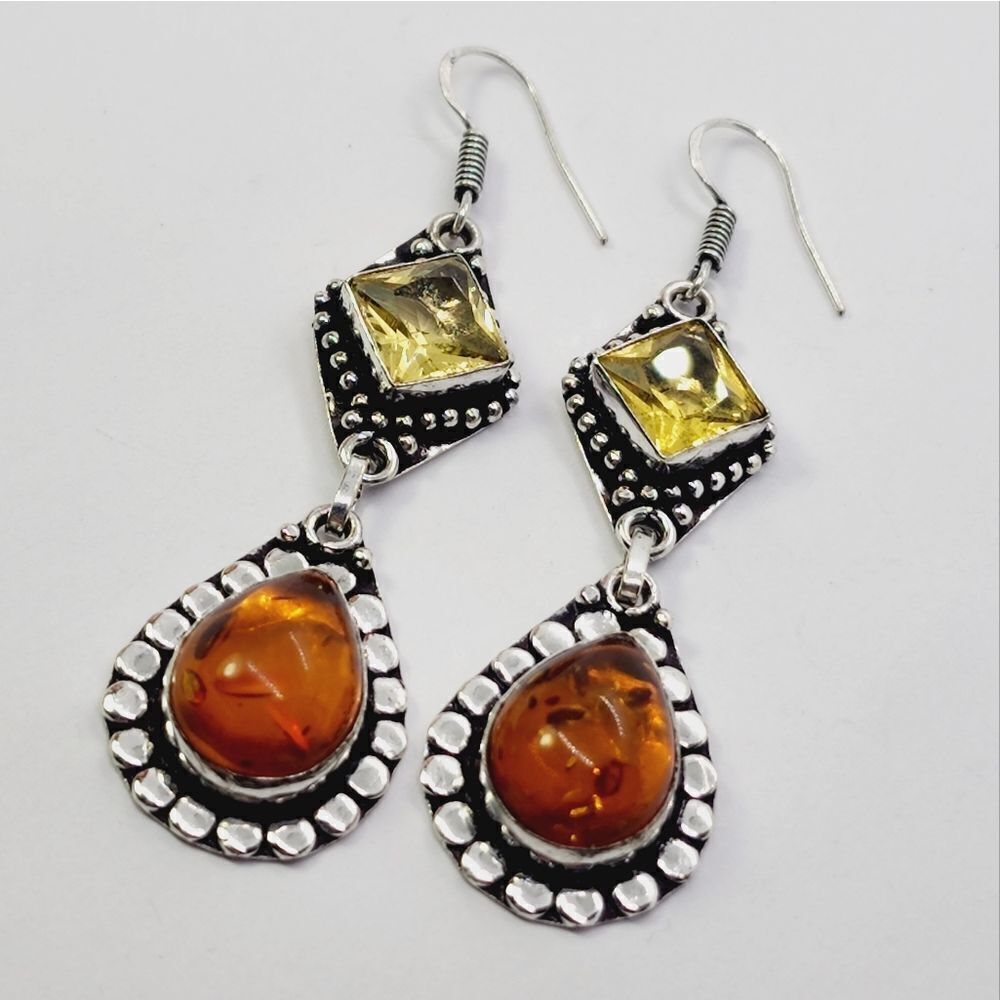 Amber Citrine 925 Silver Plated Handmade Drop Dangle Earrings Jewelry 2.4"
